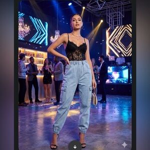 Justify Black Lace Top with Blue Cargo Jumpsuit